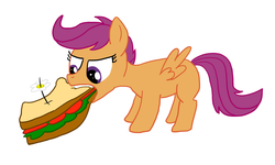 Size: 1000x600 | Tagged: safe, artist:rapidstrike, scootaloo, pegasus, pony, g4, eating, female, filly, herbivore, sandwich, scootaburger, simple background, solo, white background