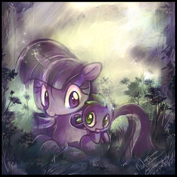Size: 1000x1000 | Tagged: safe, artist:th351, spike, twilight sparkle, dragon, pony, unicorn, g4, dragons riding ponies, female, forest, looking at each other, male, mare, prone, riding, spike riding twilight