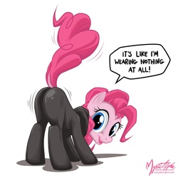 Size: 893x893 | Tagged: safe, artist:mysticalpha, pinkie pie, earth pony, pony, g4, it's about time, balloonbutt, butt, butt focus, butt shake, catsuit, dock, feels like i'm wearing nothing at all, female, little big mom, looking back, male, mare, plot, presenting, presenting butt, raised tail, skinsuit, sneaking suit, solo, stupid sexy pinkie, tail, the simpsons