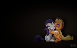 Size: 1680x1050 | Tagged: safe, artist:mysticalpha, applejack, rarity, earth pony, pony, unicorn, g4, sleepless in ponyville, duo, duo female, eyes closed, female, floppy ears, hug, mare, scared, simple background, sitting, wallpaper