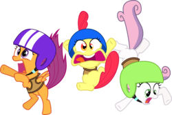 Size: 8113x5422 | Tagged: safe, artist:flutterguy317, apple bloom, scootaloo, sweetie belle, earth pony, pegasus, pony, unicorn, g4, the cutie mark chronicles, absurd resolution, cutie mark crusaders, falling, female, filly, helmet, simple background, transparent background, vector, yelling