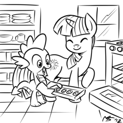 Size: 962x962 | Tagged: safe, artist:megasweet, spike, twilight sparkle, dragon, pony, unicorn, g4, baking, cookie, cooking, duo, female, happy, male, mare, monochrome, oven, oven mitts