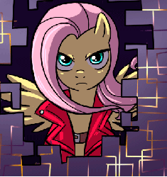 Size: 372x395 | Tagged: safe, artist:madmax, fluttershy, pegasus, pony, comic:battle for equestria, g4, badass, battle for equestria, clothes, crossover, dante (devil may cry), devil may cry, devil may cry 3, female, flutterbadass, gif, looking at you, mare, non-animated gif, solo, stare