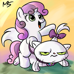 Size: 945x945 | Tagged: safe, artist:megasweet, artist:rustydooks, opalescence, sweetie belle, pony, unicorn, g4, colored, duo, female, filly, pet, ponies riding cats, riding, sweetie belle riding opalescence