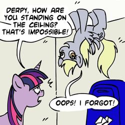 Size: 945x945 | Tagged: safe, artist:megasweet, derpy hooves, twilight sparkle, pegasus, pony, unicorn, g4, derpy physics, dialogue, duo, female, mailbox, mare, standing on the ceiling, upside down