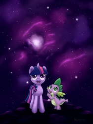 Size: 1050x1400 | Tagged: safe, artist:meroni, spike, twilight sparkle, dragon, pony, unicorn, g4, duo, female, male, mare, night, smiling, stars