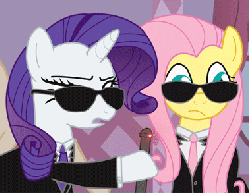Size: 379x293 | Tagged: safe, fluttershy, rarity, pegasus, pony, unicorn, g4, animated, clothes, duo, duo female, female, gif, mare, mares in black, men in black, neuralizer, parody, suit, sunglasses