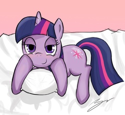 Size: 900x828 | Tagged: safe, artist:b0nbon, twilight sparkle, pony, unicorn, g4, bed, bedroom eyes, female, looking at you, mare, pillow, prone, smiling, solo
