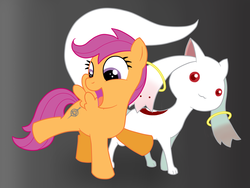 Size: 2000x1500 | Tagged: safe, artist:shinobiferret, scootaloo, pegasus, pony, g4, alternate cutie mark, crossover, duo, female, filly, gradient background, grief seed, incubator (species), kyubey, puella magi madoka magica