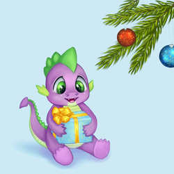 Size: 667x667 | Tagged: safe, artist:aluvian-art, spike, dragon, g4, christmas, christmas tree, holiday, male, present, sitting, solo, tree