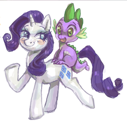 Size: 725x693 | Tagged: safe, artist:kunaike, rarity, spike, dragon, pony, unicorn, g4, dragons riding ponies, female, male, mare, raised hoof, riding, ship:sparity, shipping, simple background, smiling, spike riding rarity, straight, white background
