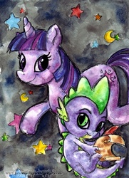 Size: 470x650 | Tagged: safe, artist:keyshakitty, spike, twilight sparkle, dragon, pony, unicorn, g4, abstract background, duo, female, male, mare, scroll, smiling, traditional art, unicorn twilight, watercolor painting