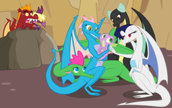 Size: 950x596 | Tagged: safe, artist:queencold, garble, spear (g4), spike, oc, oc:flare, oc:huddle, oc:ivory (dragon), oc:kindle, dragon, dragon quest, g4, age difference, babe magnet, baby, baby dragon, bedroom eyes, cute, dragon oc, dragoness, female, gem, grin, harem, holding a dragon, holding a spike, looking at each other, male, open mouth, prone, smiling, spikabetes, spike gets all the dragons, spike gets all the girls, spike gets all the mares, spikelove, straight, surprised, teenaged dragon, teenager, voyeur, voyeurism, wingless spike