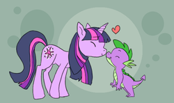 Size: 640x378 | Tagged: safe, artist:sky665, spike, twilight sparkle, dragon, pony, unicorn, g4, abstract background, eyes closed, female, heart, male, mare, nuzzling, pseudoincest, ship:twispike, shipping, smiling, spikelove, straight