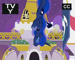 Size: 1280x1024 | Tagged: safe, artist:facelessjr, edit, princess luna, alicorn, pony, fanfic:lunacy, g4, canterlot, crying, eyes closed, falling, fanfic, female, frown, jumper, mare, solo, suicide, tv rating, tv-y