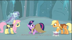 Size: 1366x768 | Tagged: safe, screencap, applejack, clover the clever, fluttershy, princess platinum, private pansy, rarity, smart cookie, twilight sparkle, earth pony, pegasus, pony, unicorn, g4, hearth's warming eve (episode), season 2, female, hatless, hearth's warming eve, hub logo, mare, missing accessory, youtube caption