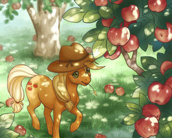 Size: 500x400 | Tagged: safe, artist:celesse, applejack, earth pony, pony, g4, apple, apple tree, cottagecore, dappled sunlight, female, grass, mare, orchard, solo, tree