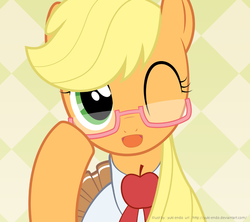 Size: 900x800 | Tagged: safe, artist:yuki endo, applejack, earth pony, pony, g4, abstract background, clothes, cute, female, glasses, hatless, jackabetes, looking at you, mare, missing accessory, schoolgirl, solo, wink