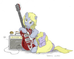 Size: 887x700 | Tagged: safe, artist:onkelscrut, derpy hooves, dinky hooves, pegasus, pony, unicorn, g4, amplifier, bow (instrument), cello bow, duo, duo female, equestria's best mother, female, filly, guitar, mare, muffin, musical instrument, sitting