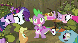 Size: 720x405 | Tagged: safe, screencap, applejack, pinkie pie, rainbow dash, rarity, spike, twilight sparkle, dragon, earth pony, pegasus, pony, unicorn, dragon quest, g4, season 2, animated, apron, blushing, clothes, cute, embarrassed, female, gif, hub logo, loop, male, mare, naked apron, out of context, spikabetes, spike gets all the mares, straight, wingless spike