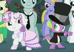 Size: 600x422 | Tagged: safe, screencap, bruce mane, cloud kicker, fine line, maxie, orion, shooting star (character), spike, sweetie belle, dragon, earth pony, pegasus, pony, unicorn, a canterlot wedding, g4, season 2, animated, cropped, cute, dancing, duo focus, female, filly, flower girl, gif, hat, male, mare, running man, shuffle, stallion, top hat