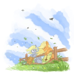 Size: 900x904 | Tagged: safe, artist:onkelscrut, applejack, derpy hooves, bird, earth pony, pegasus, pony, g4, bag, duo, eyes closed, female, fence, happy, leaves, mail, mare, smiling, wind, windswept mane
