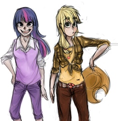 Size: 1355x1391 | Tagged: safe, artist:shirl-ame, applejack, twilight sparkle, human, g4, duo, duo female, female, humanized