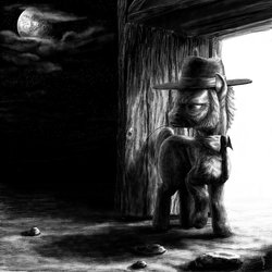 Size: 1200x1200 | Tagged: safe, artist:friendshipocalypse, igneous rock pie, earth pony, pony, g4, backlighting, grayscale, male, mare in the moon, monochrome, moon, rock farm, solo, stallion