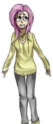 Size: 832x1945 | Tagged: safe, artist:shirl-ame, fluttershy, human, g4, clothes, female, humanized, looking up, simple background, skinny, solo, sweater, sweatershy, thin, white background, worried