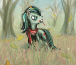 Size: 1750x1500 | Tagged: artist needed, dead source, safe, earth pony, pony, autumn, blood, clothes, crossover, daniil dankovsky, falling leaves, leaves, mouth hold, pathologic, ponified, scalpel, scarf
