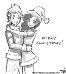 Size: 882x1000 | Tagged: safe, artist:johnjoseco, princess luna, spike, human, g4, christmas, female, grayscale, hat, holiday, hug, humanized, looking at you, male, monochrome, santa hat, ship:spiluna, shipping, straight