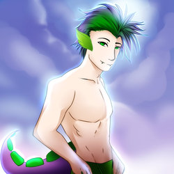 Size: 1024x1024 | Tagged: safe, artist:treacly, spike, human, g4, eared humanization, fangs, humanized, male, slit pupils, solo, tailed humanization