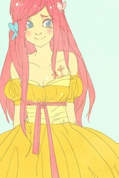 Size: 500x750 | Tagged: safe, artist:averyniceprince, fluttershy, human, g4, boobie mark, clothes, dress, female, humanized, off shoulder, smiling, solo