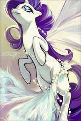 Size: 1500x2250 | Tagged: safe, artist:chio-kami, rarity, pony, unicorn, g4, artificial wings, augmented, ear piercing, earring, feather, featured image, female, flying, jewelry, lidded eyes, looking up, magic, magic wings, mare, pearl, pearl earrings, piercing, smiling, solo, wings