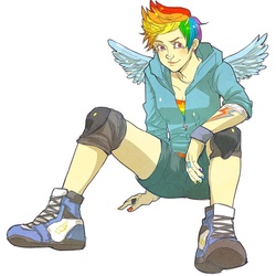 Size: 800x800 | Tagged: safe, artist:averyniceprince, rainbow dash, human, g4, female, humanized, knee pads, nail polish, short hair, sitting, solo, winged humanization, winged shoes, wings, wristband