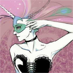 Size: 1000x1000 | Tagged: safe, artist:chio-kami, princess celestia, human, g4, abstract background, armpits, clothes, corset, female, horn, horned humanization, humanized, mask, profile, solo