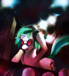 Size: 724x800 | Tagged: safe, artist:crookedtrees, dj pon-3, vinyl scratch, pony, unicorn, g4, crowd, female, headphones, mare, solo focus, turntable, wip