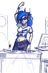 Size: 521x800 | Tagged: safe, artist:theartrix, dj pon-3, vinyl scratch, human, g4, female, grin, headphones, humanized, midriff, smiling, solo, turntable