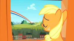 Size: 854x470 | Tagged: safe, screencap, applejack, earth pony, pony, g4, the cutie mark chronicles, female, filly, foal, solo, youtube caption