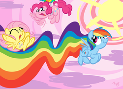 Size: 2338x1700 | Tagged: safe, artist:tess, fluttershy, pinkie pie, rainbow dash, earth pony, pegasus, pony, g4, balloon, female, floating, flutterdashpie, flying, mare, nyan dash, rainbow trail, sky, sun, then watch her balloons lift her up to the sky, waving