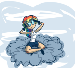 Size: 880x800 | Tagged: dead source, safe, artist:tess, rainbow dash, human, g4, armpits, clothes, cloud, compression shorts, female, fingerless gloves, gloves, goggles, humanized, sitting, skinny, smiling, solo, thin
