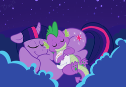 Size: 1280x892 | Tagged: safe, artist:dissybuhr, spike, twilight sparkle, dragon, pony, unicorn, g4, cloud, duo, female, male, mare, night, scroll, sleeping, smiling, spikelove
