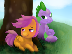 Size: 900x672 | Tagged: safe, artist:marie-ah, scootaloo, spike, dragon, pegasus, pony, g4, blushing, female, filly, male, prone, ship:scootaspike, shipping, sitting, straight, tree