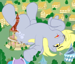Size: 1000x850 | Tagged: safe, artist:khorme, derpy hooves, mayor mare, rainbow dash, earth pony, pegasus, pony, g4, destruction, female, giant derpy hooves, giant pony, macro, mare, on back, ponyville, ponyville town hall