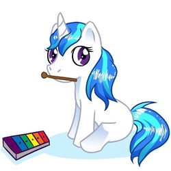 Size: 600x600 | Tagged: artist needed, safe, dj pon-3, vinyl scratch, pony, unicorn, g4, female, filly, mouth hold, musical instrument, sitting, solo, xylophone, young, younger