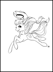 Size: 600x825 | Tagged: safe, artist:cosmicunicorn, applejack, earth pony, pony, g4, female, frame, jumping, mare, monochrome, sketch, smiling, solo, windswept mane
