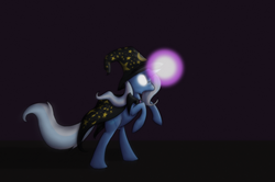 Size: 1219x809 | Tagged: safe, artist:enma-darei, trixie, pony, unicorn, g4, cape, clothes, female, glowing eyes, glowing horn, hat, horn, magic, mare, rearing, solo, trixie's cape, trixie's hat