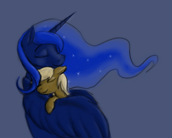 Size: 775x622 | Tagged: safe, artist:enma-darei, princess luna, oc, oc:paper pony, alicorn, earth pony, pony, g4, blue, brown, duo, eyes closed, female, hug, male, mare, paper, paper pony, smiling, stallion, wings