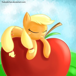 Size: 2000x2000 | Tagged: safe, artist:tsubukisan, applejack, earth pony, pony, g4, apple, eyes closed, female, high res, mare, micro, prone, solo, that pony sure does love apples