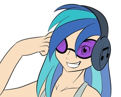 Size: 960x768 | Tagged: safe, artist:kloudmutt, dj pon-3, vinyl scratch, human, g4, female, grin, headphones, humanized, simple background, smiling, solo, white background